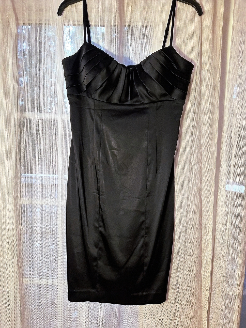 Calvin Klein Black Satin Pleated Bust Spaghetti Strap Cocktail Sheath Dress 4 - Picture 1 of 5